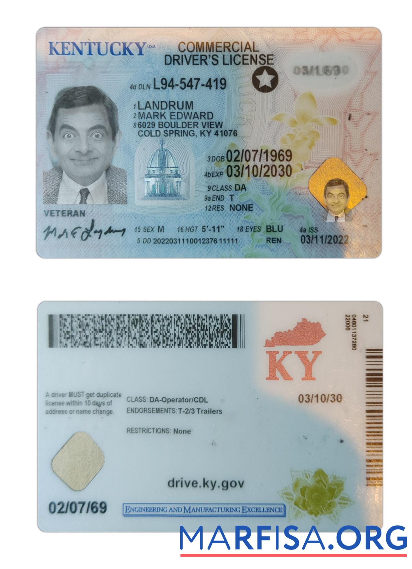 Printable USA Kentucky driving license 2022 present sample